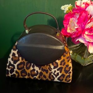 Vintage Jewelry Leather and Faux Fur Leopard Case Handle Drawers Mirror Travel